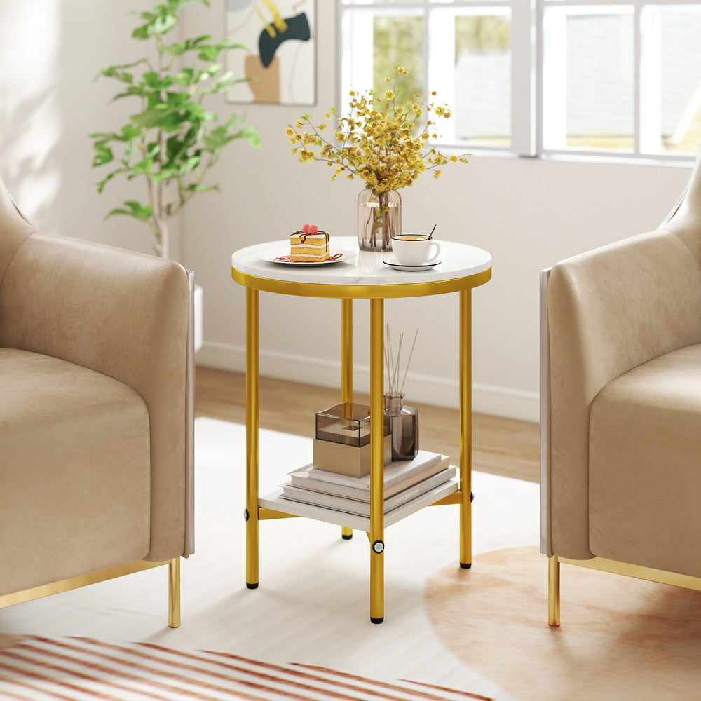 Round coffee table with faux marble top and golden metal frame, featuring a storage shelf for living room or bedroom.