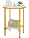 Round coffee table with faux marble top and golden metal frame, featuring a bottom storage shelf for small spaces.