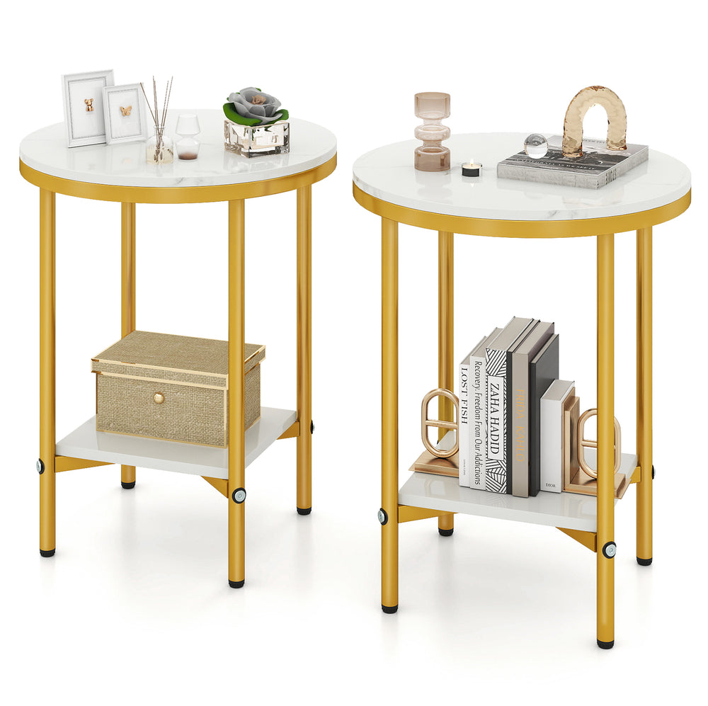 Round coffee table with faux marble top and golden metal frame, featuring a bottom storage shelf for stylish.