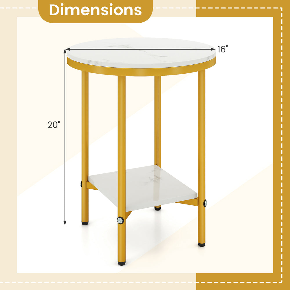 Round coffee table dimensions of 20" height and 16" diameter, featuring a faux marble top and golden metal frame.