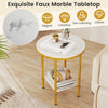 Round coffee table with faux marble tabletop and golden metal frame, featuring a storage shelf for living room.