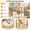 Round coffee table with faux marble top and golden metal frame, featuring a bottom storage shelf for living room.