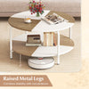 2-tier round coffee table with a split-color tabletop, metal frame, and storage shelf for versatile use and.