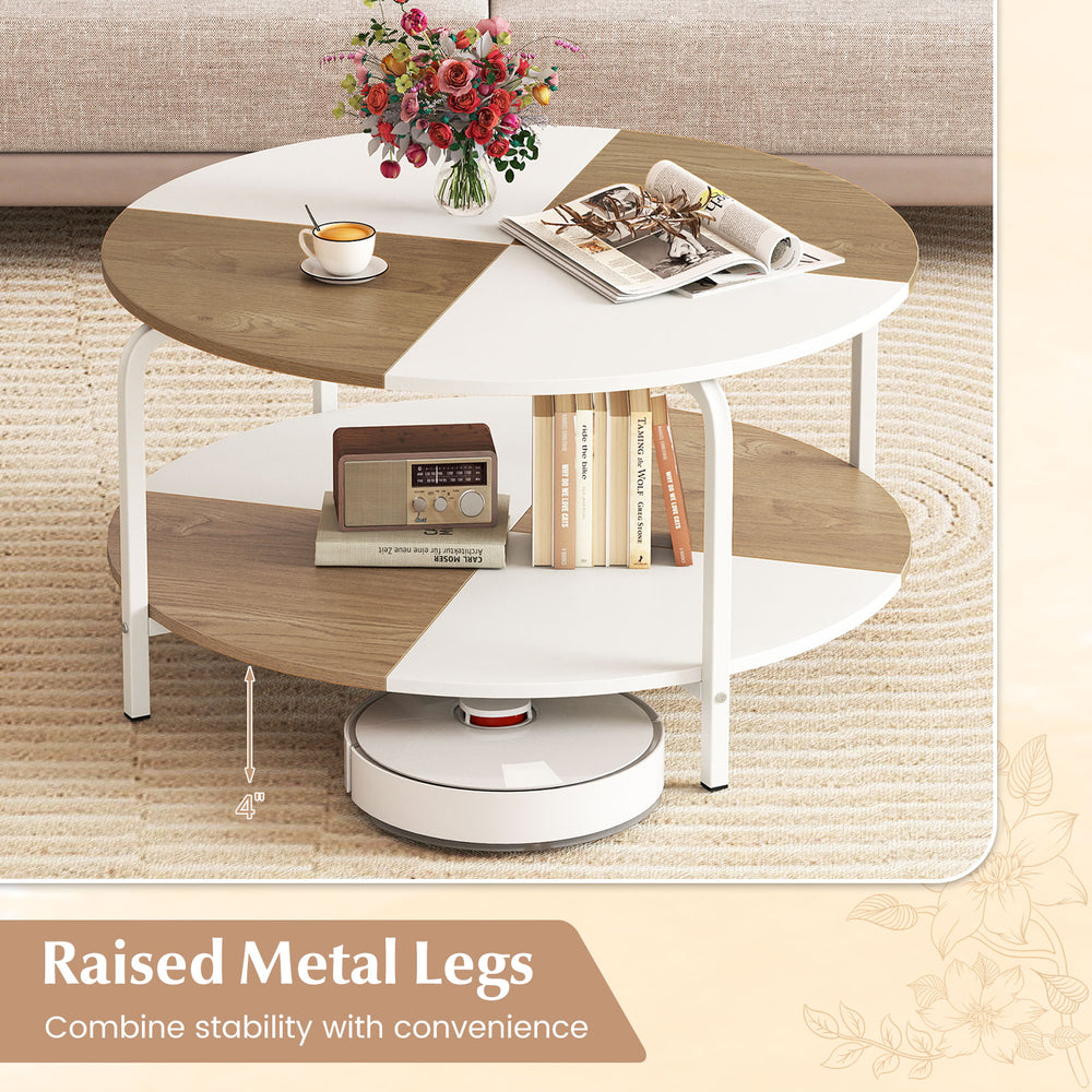 2-tier round coffee table with a split-color tabletop, metal frame, and storage shelf for versatile use and.