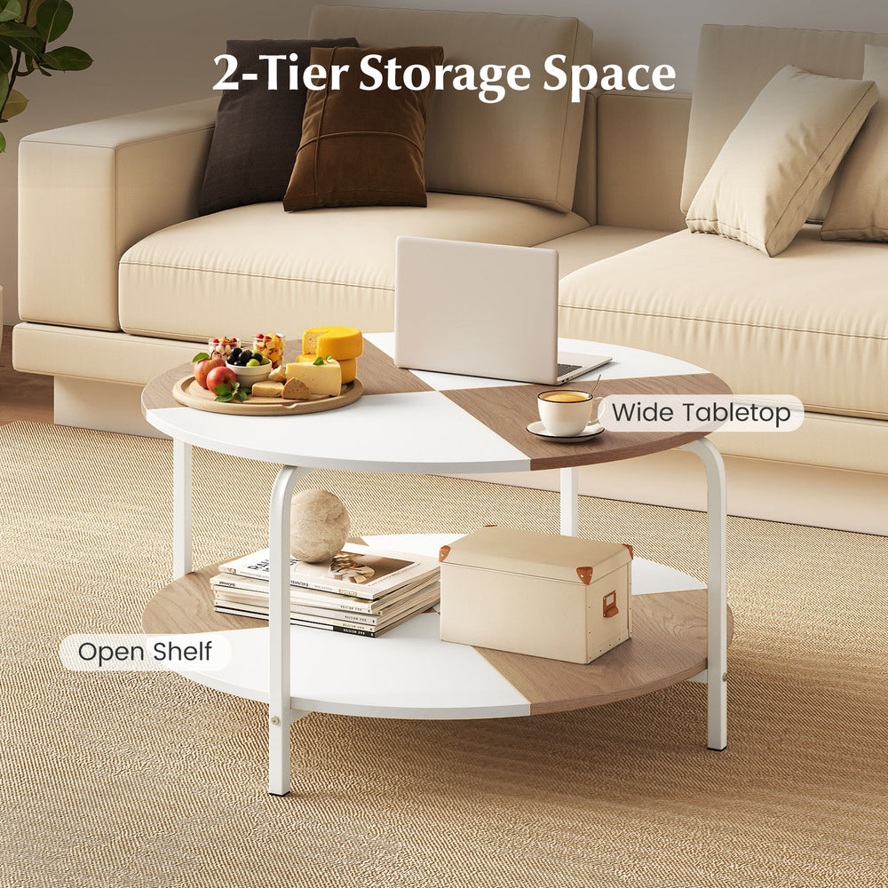 2-tier round coffee table with a split-color tabletop and metal frame, featuring an open shelf for storage and.