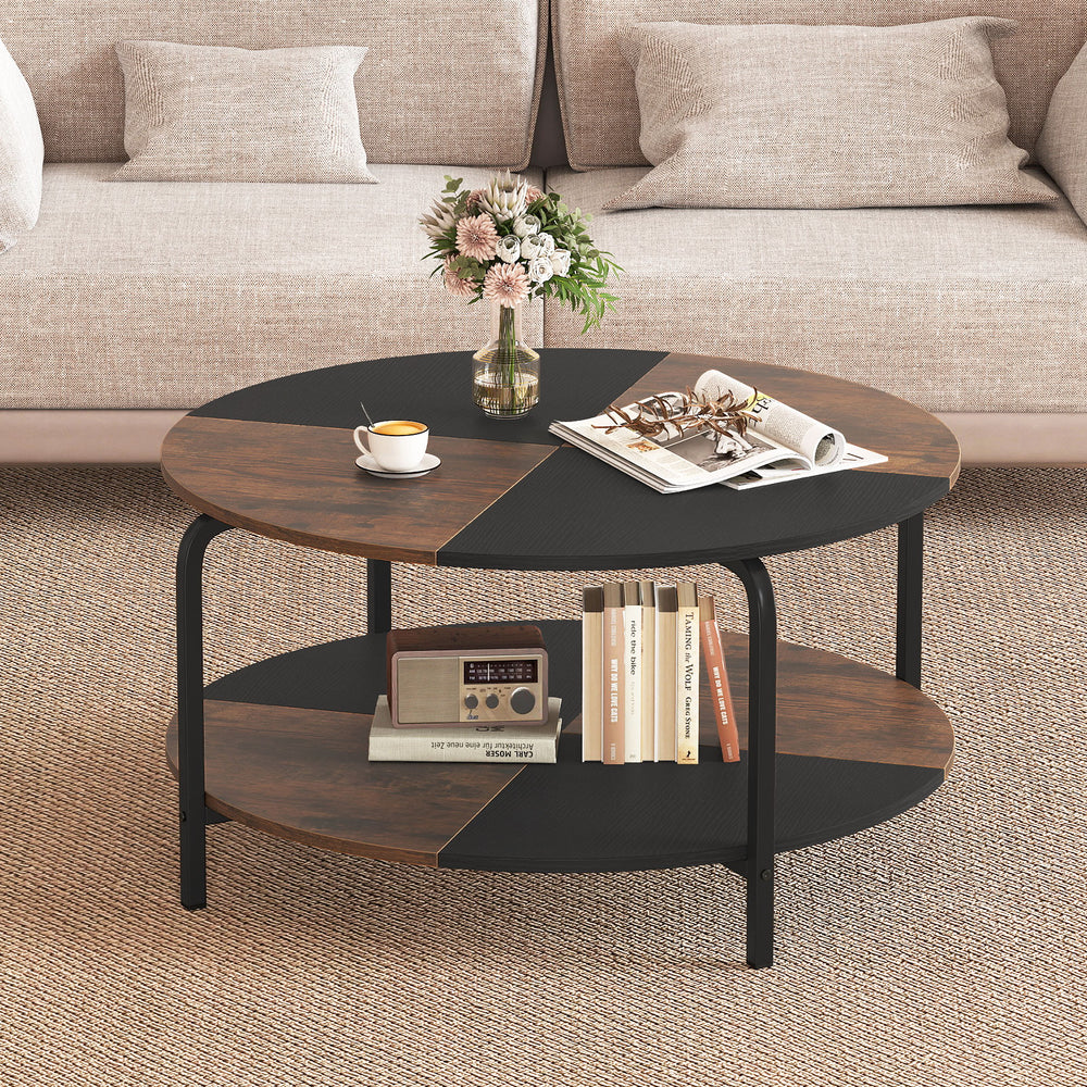 2-Tier Round Coffee Table Metal Frame with Storage Shelf-Rustic Brown - Gallery View 1 of 11