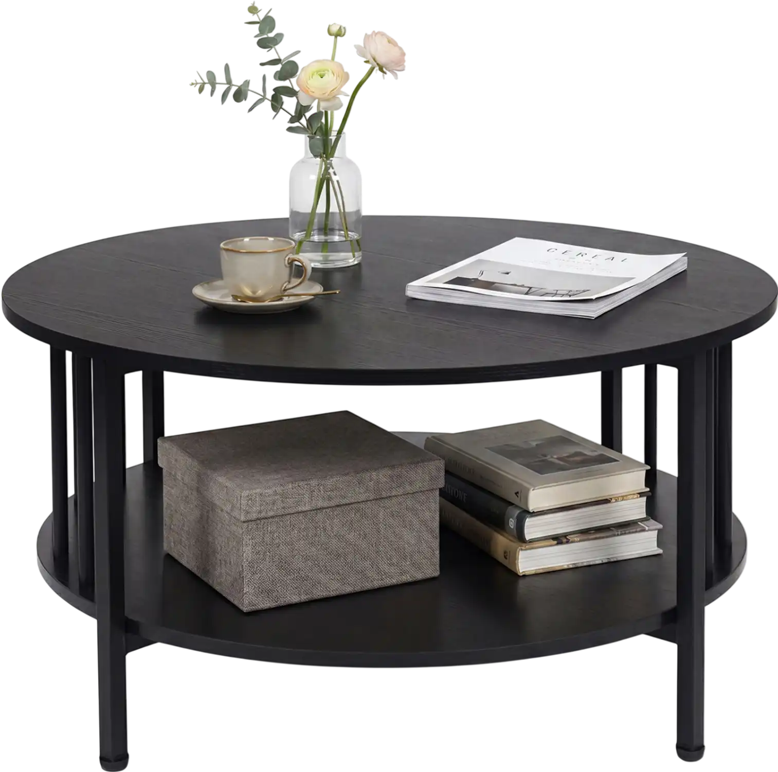 Costway 2-Tier Round Coffee Table w/ Storage Shelf Black Walnut 48322152 New