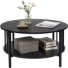 Round coffee table in black walnut with a metal frame and adjustable foot pads, offering stylish storage for decor and.