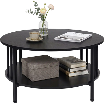 Costway 2-Tier Round Coffee Table with Storage Shelf Black Walnut 48322152 New