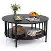Round coffee table in black walnut with metal accents, featuring a 2-tier design and open shelf for storage and decor.