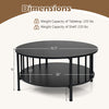 2-tier round coffee table in black walnut with storage shelf, metal accents, and dimensions for versatile use.
