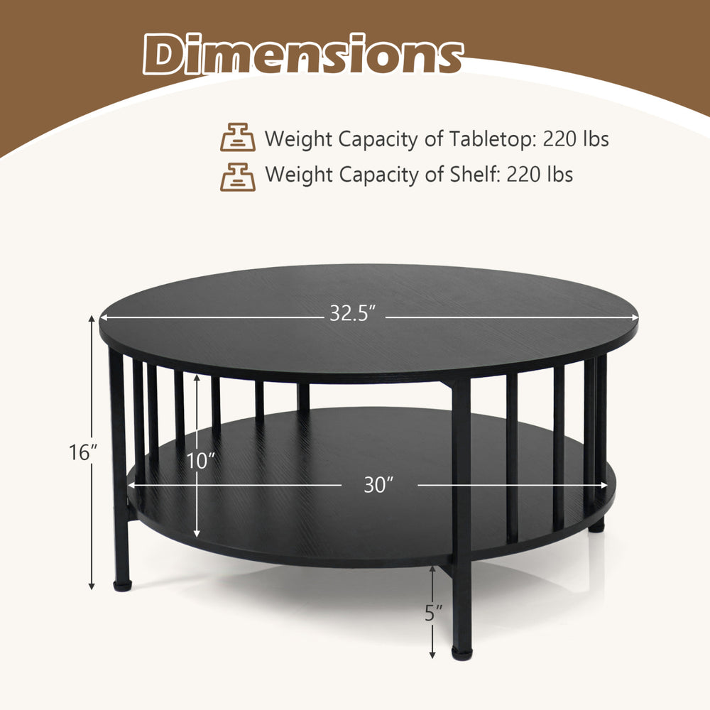 2-tier round coffee table in black walnut with storage shelf, metal accents, and dimensions for versatile use.