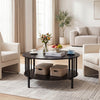 Round coffee table in black walnut with metal accents, featuring a 2-tier design and open shelf for storage.