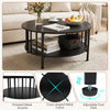 Round coffee table in black walnut with picket metal accents and storage shelf, perfect for living room organization.