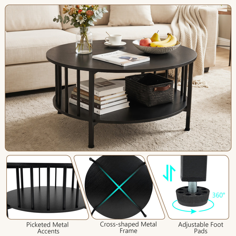 Round coffee table in black walnut with picket metal accents and storage shelf, perfect for living room organization.