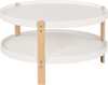 Round 2-tier coffee table with solid beech wood legs, featuring open storage for organizing items in the living room.