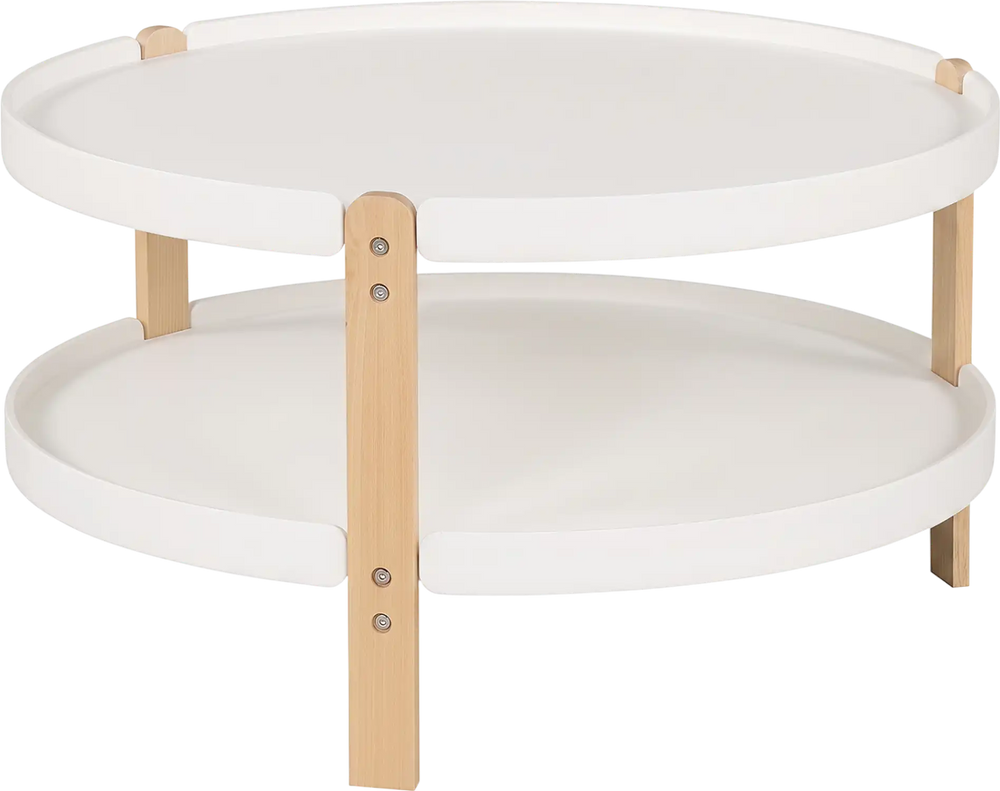 Round 2-tier coffee table with solid beech wood legs, featuring open storage for organizing items in the living room.