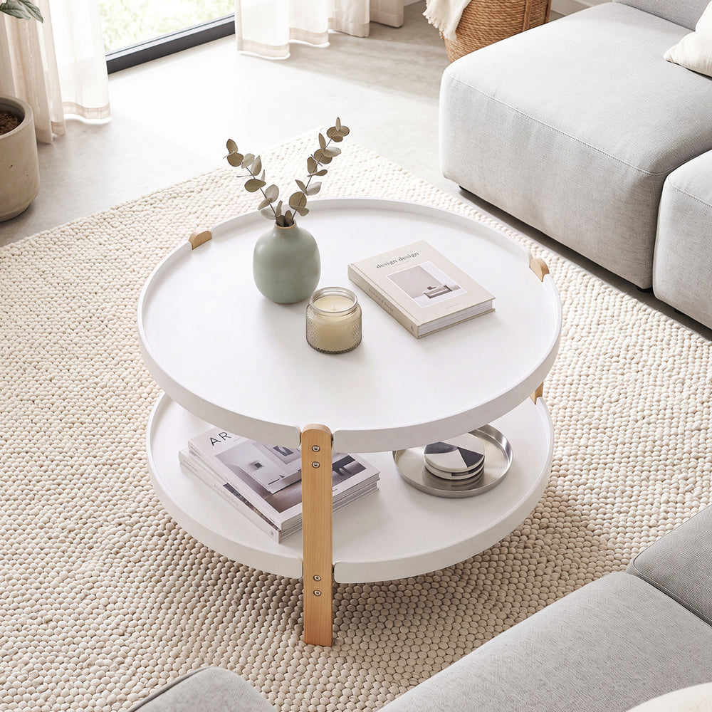 2-Tier Round Coffee Table with Open Storage Shelf and Solid Beech Wood Legs for Living Room-White - Gallery View 1 of 9