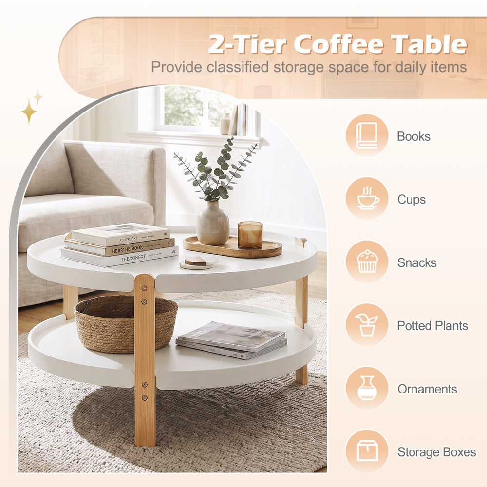 Round 2-tier coffee table with solid beech wood legs, offering organized storage for books, snacks, and potted plants.