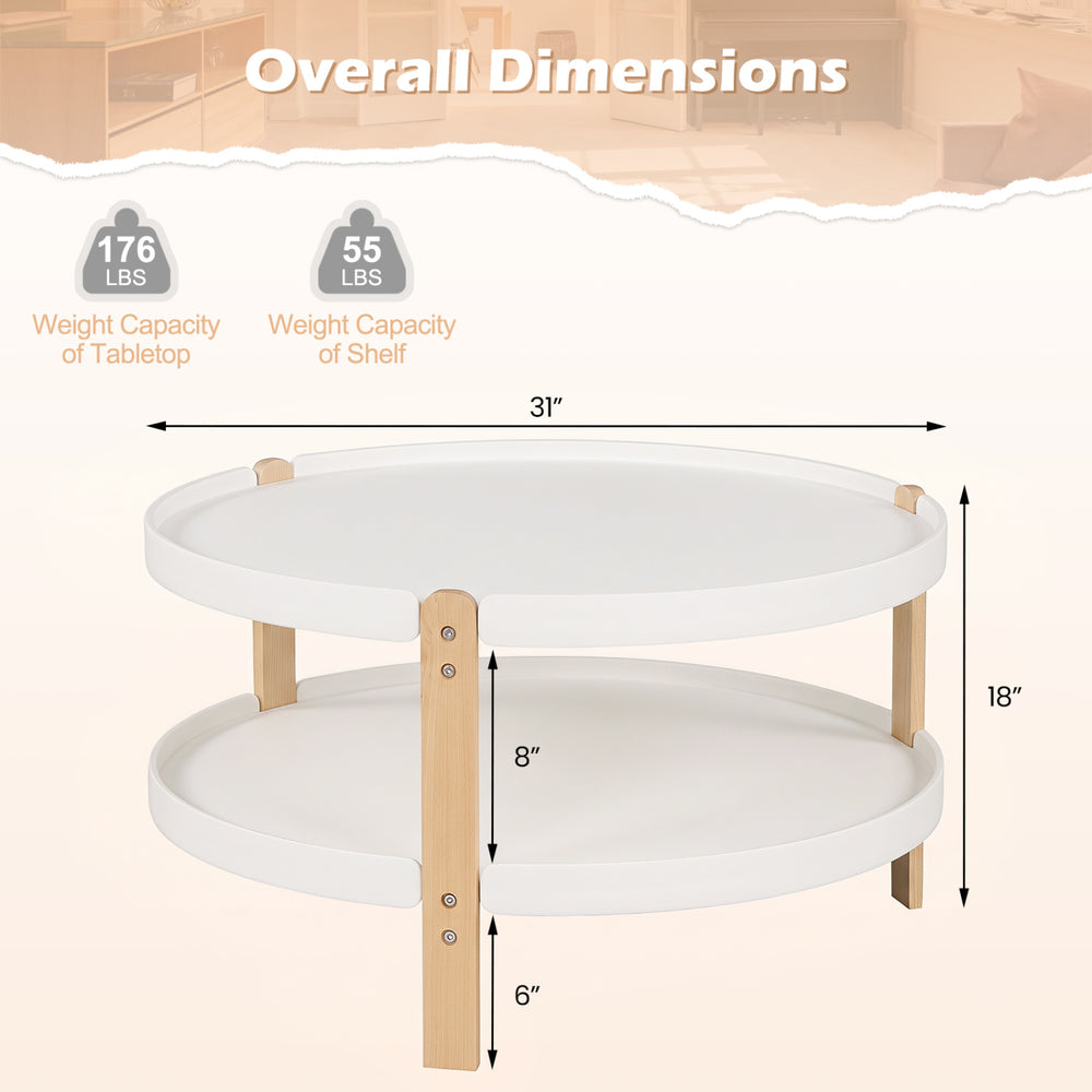 2-tier round coffee table in white with solid beech wood legs, ideal for organizing items in the living room.