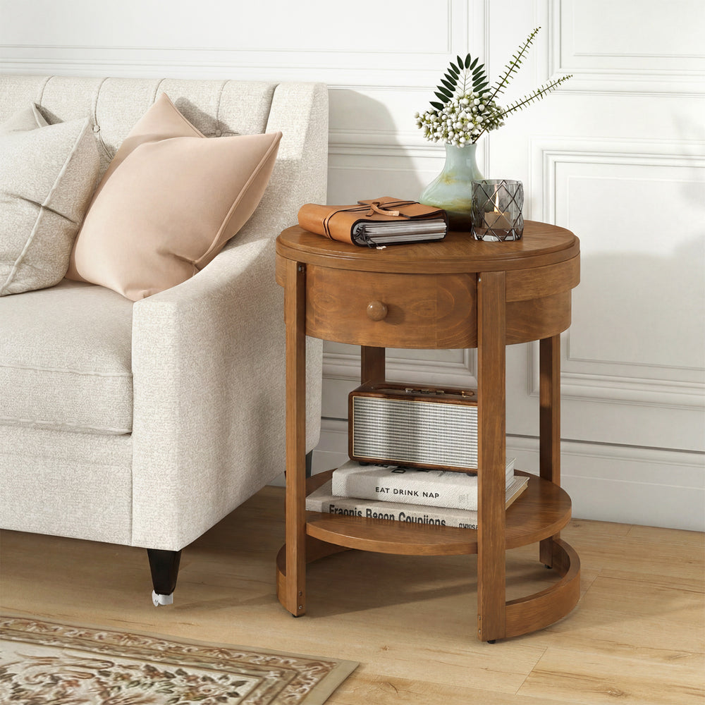 2-Tier Round End Table Mid Century Modern Nightstand-Oak - Gallery View 1 of 10