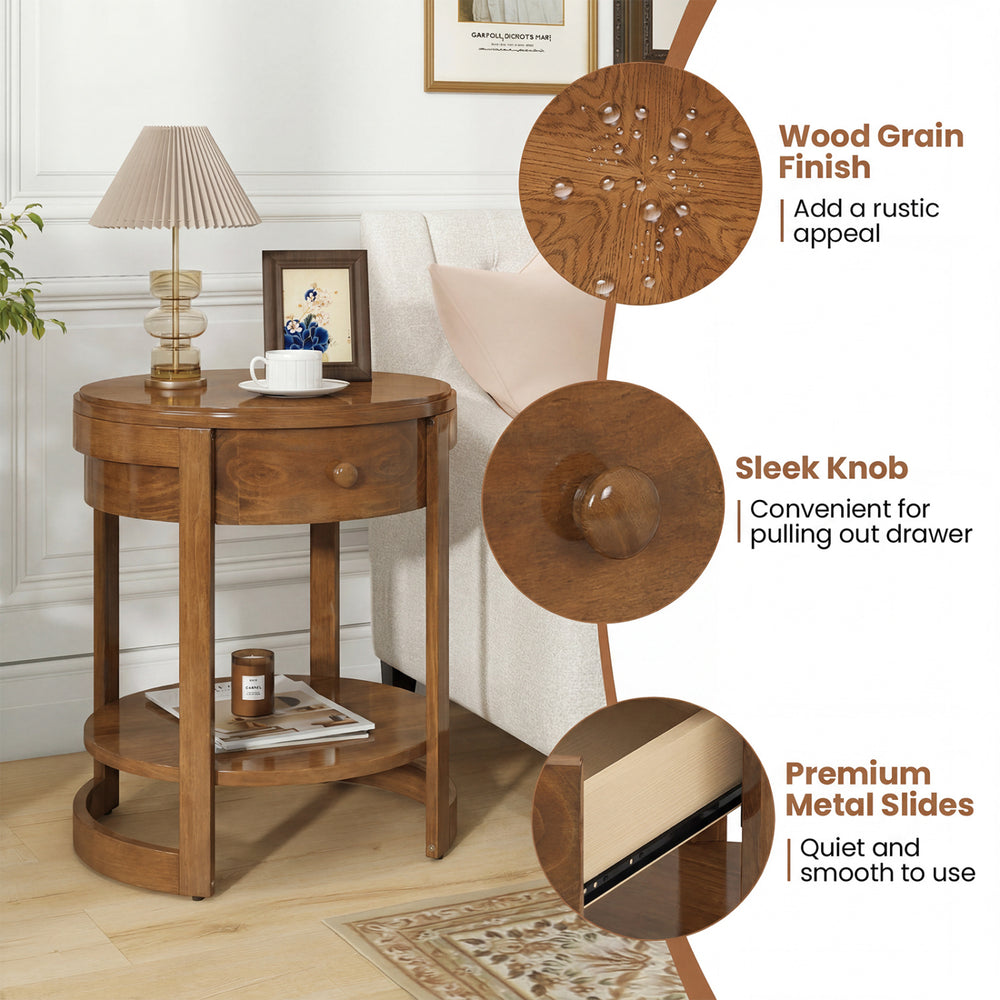 Round 2-tier end table with wood grain finish, sleek knob, and premium metal slides for stylish nightstand use.