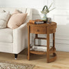 Round oak end table with drawer and lower shelf, featuring a sleek wood grain finish for rustic appeal.