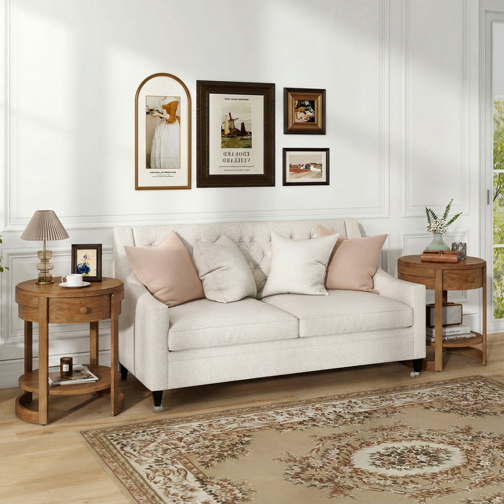 Mid-century modern round end tables with oak finish, featuring a lower shelf and smooth metal slides for easy use.