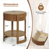 Round end table with oak finish, featuring a drawer and lower shelf, perfect for displaying decor in a modern setting.