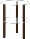 Round end table featuring a clear tempered glass top and shelf with solid rubber wood legs for stable placement.