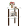 Round end table with clear tempered glass top and brown rubber wood legs, perfect for displaying decor and essentials.