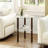 2-tier round end table showcasing a clear tempered glass top and brown rubber wood legs, ideal for modern living spaces.
