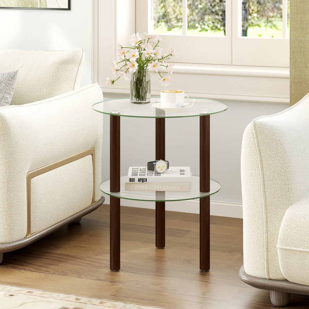 2-tier round end table showcasing a clear tempered glass top and brown rubber wood legs, ideal for modern living spaces.