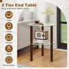2-tier round end table with clear tempered glass top and brown rubber wood legs, perfect for storing cups and decorations.