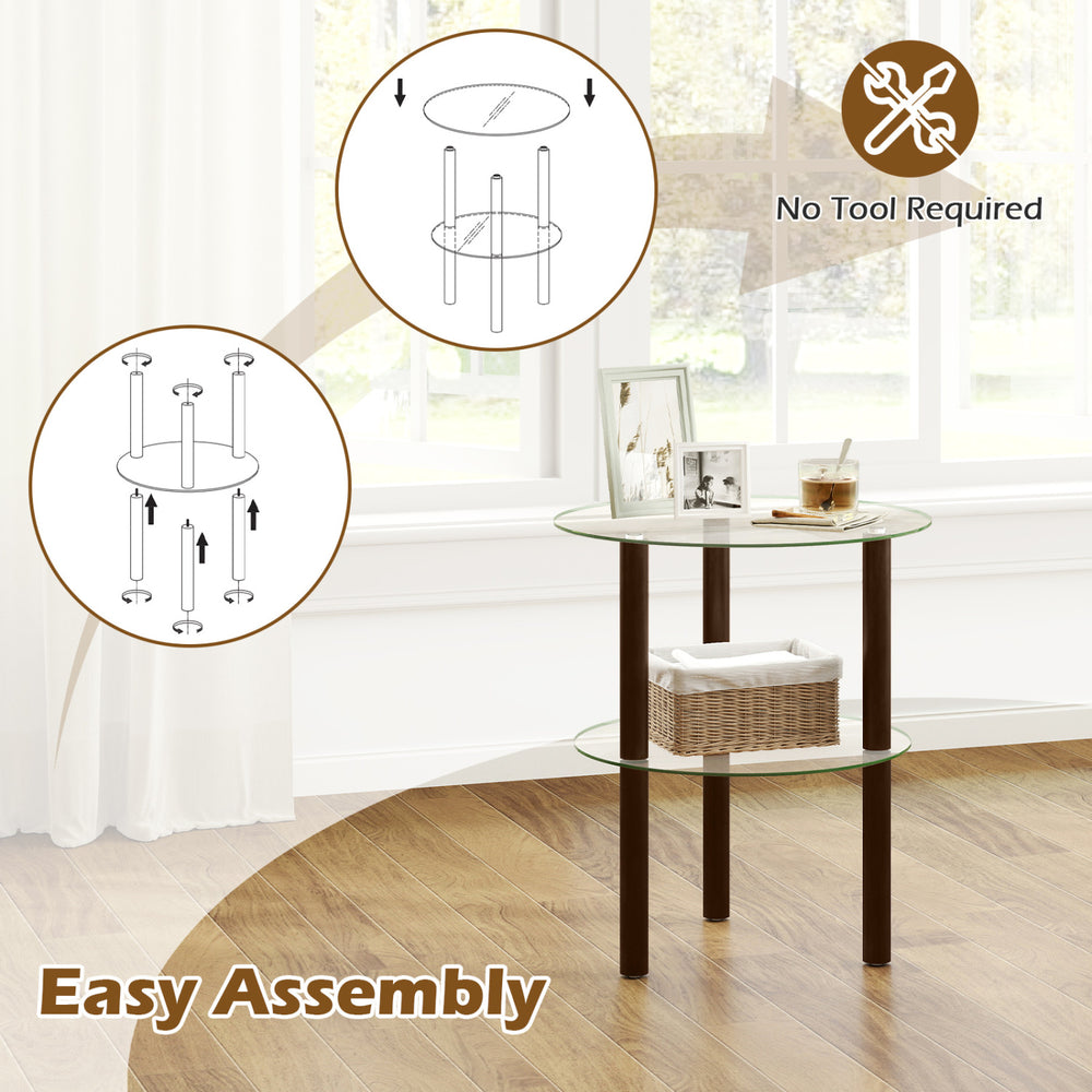 2-tier round end table with clear tempered glass top and brown rubber wood legs, designed for easy assembly without tools.