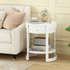 Round white end table with a drawer and lower shelf, featuring a sleek wood grain finish for modern decor.