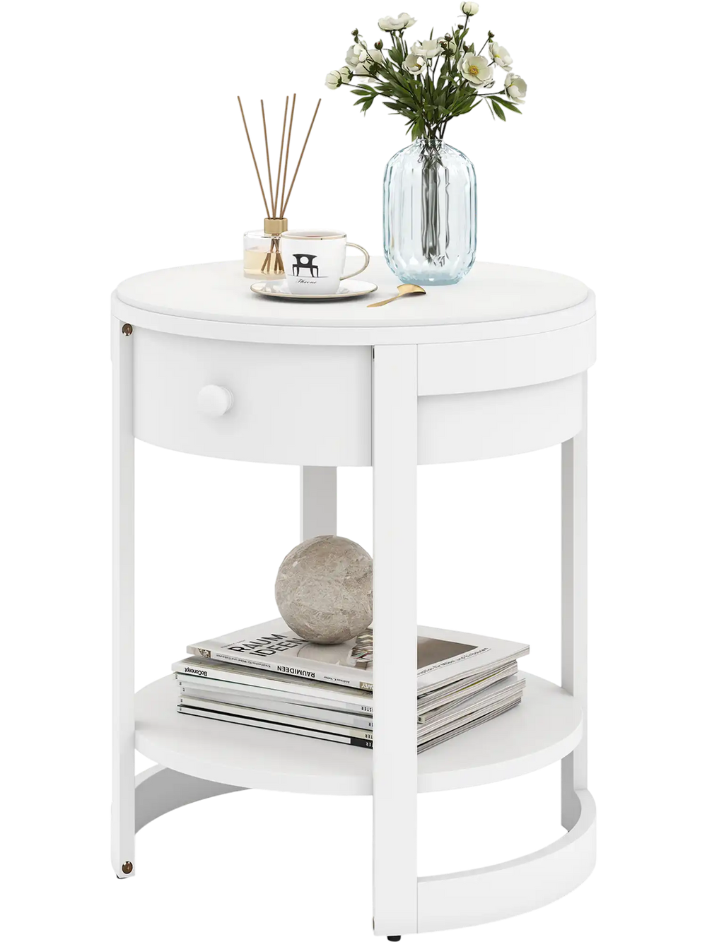 Round white end table with a drawer and lower shelf, featuring a sleek wood grain finish for stylish decor.