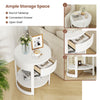 Round end table with a white finish, featuring a drawer and lower shelf for storage, ideal for modern living spaces.
