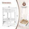 Round white 2-tier end table with dimensions, drawer, and sturdy rubber wood legs for stylish nightstand use.