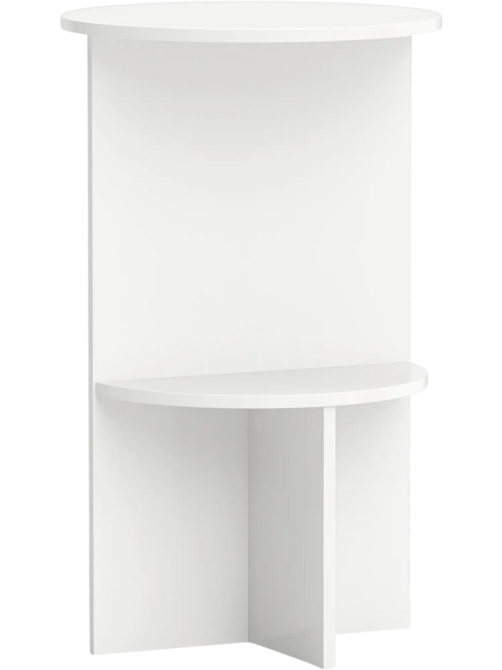 Round white 2-tier side table with storage shelf, featuring a modern design and easy-to-clean surface for versatile use.