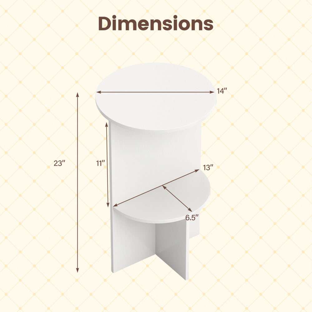 2-tier round side table in white with storage shelf, measuring 23" tall, ideal for small spaces and easy maintenance.