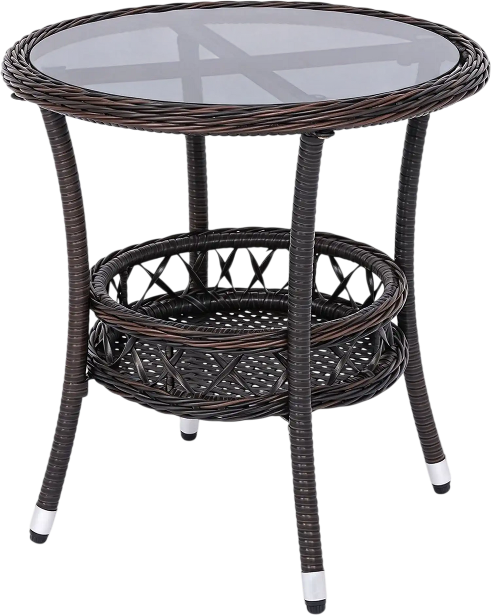 Small bistro table with tempered glass top and storage shelf, made of durable PE rattan for patio or balcony use.