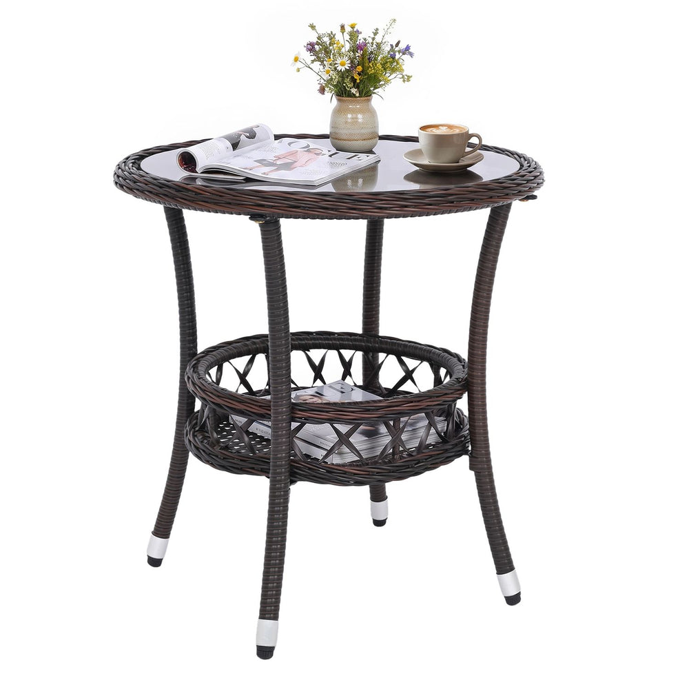Small bistro table with tempered glass top and storage shelf, made of hand-woven PE rattan for patio or balcony use.