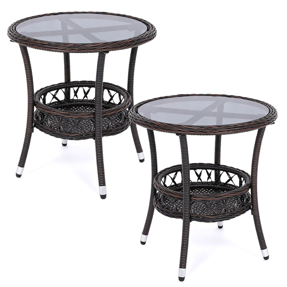 2-Tier Small Bistro Table Set of 2 with Tempered Glass Tabletop and Storage Shelf for Patio - Gallery View 1 of 2