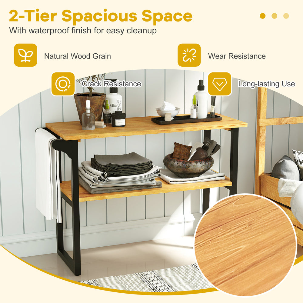 2-tier solid teak wood bathroom shelf with towel rack, featuring natural wood grain and waterproof finish for easy.