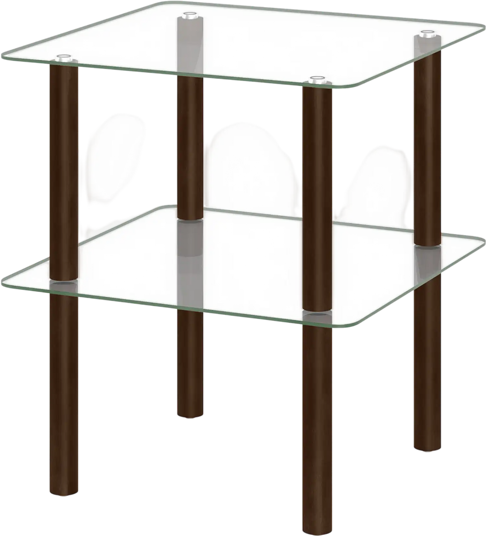 2-tier square end table with a clear tempered glass top and brown rubber wood legs, ideal for storing essentials.