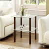 Square end table with a clear tempered glass top and brown rubber wood legs, featuring a 2-tier design for versatile storage.