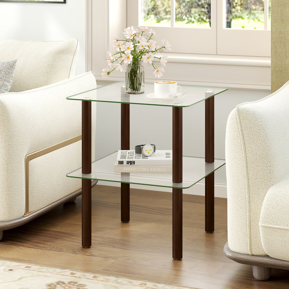 Square end table with a clear tempered glass top and brown rubber wood legs, featuring a 2-tier design for versatile storage.