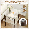 2-tier square end table with a clear tempered glass top, featuring rubber wood legs and safe round edges for easy maintenance.