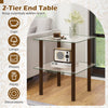 2-tier square end table showcasing a sleek clear tempered glass top, ideal for photos and plants with its stylish brown legs.